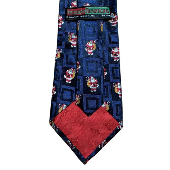 Vintage Santa Claus Silk Neck Tie Navy Blue Toy Sack Candy Cane Squares Hallmark - Picture 5 of 7